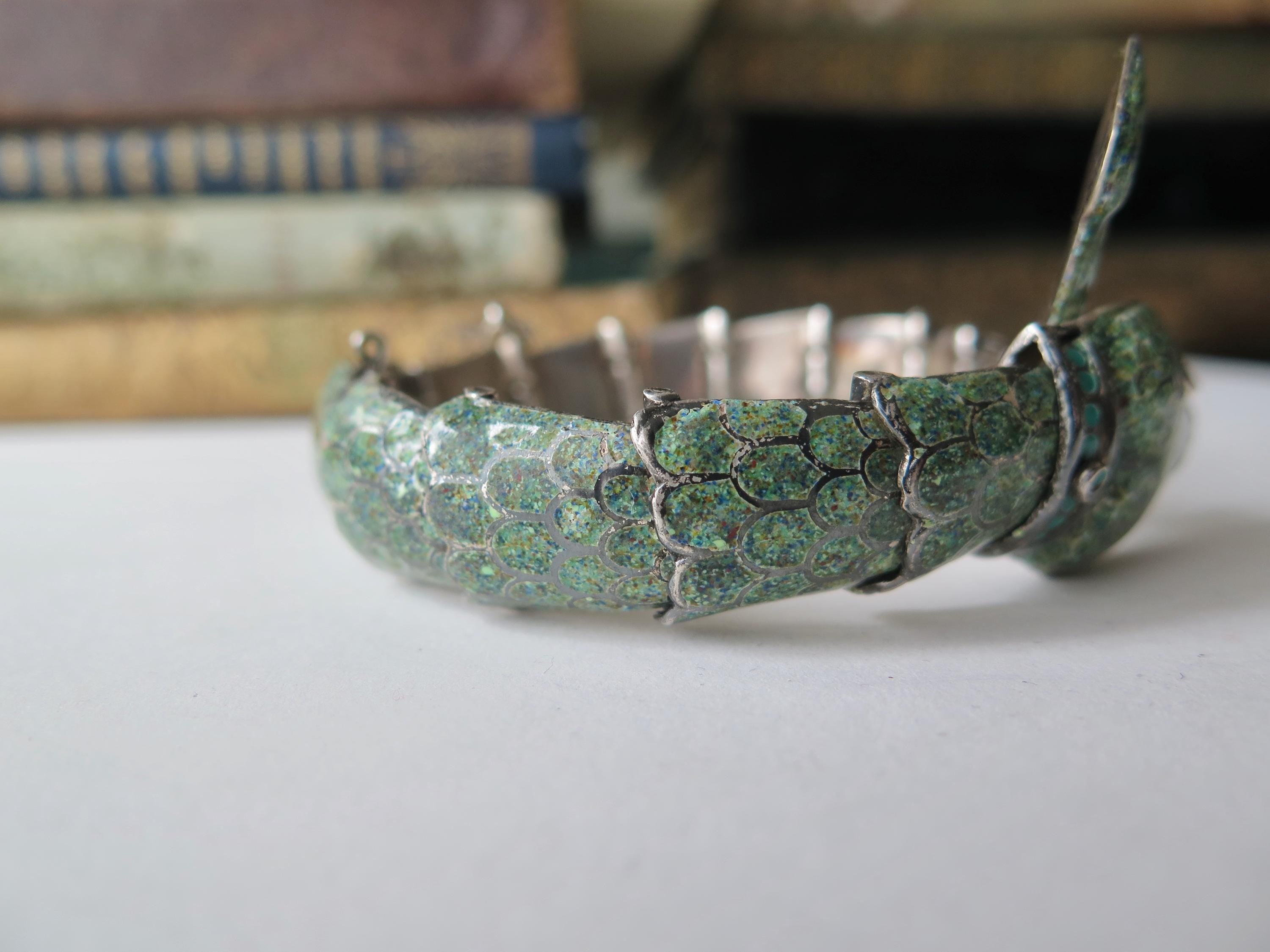 Attributed to Margot de Taxco, Vintage Taxco Snake Bracelet in 835 Silver and Enamel