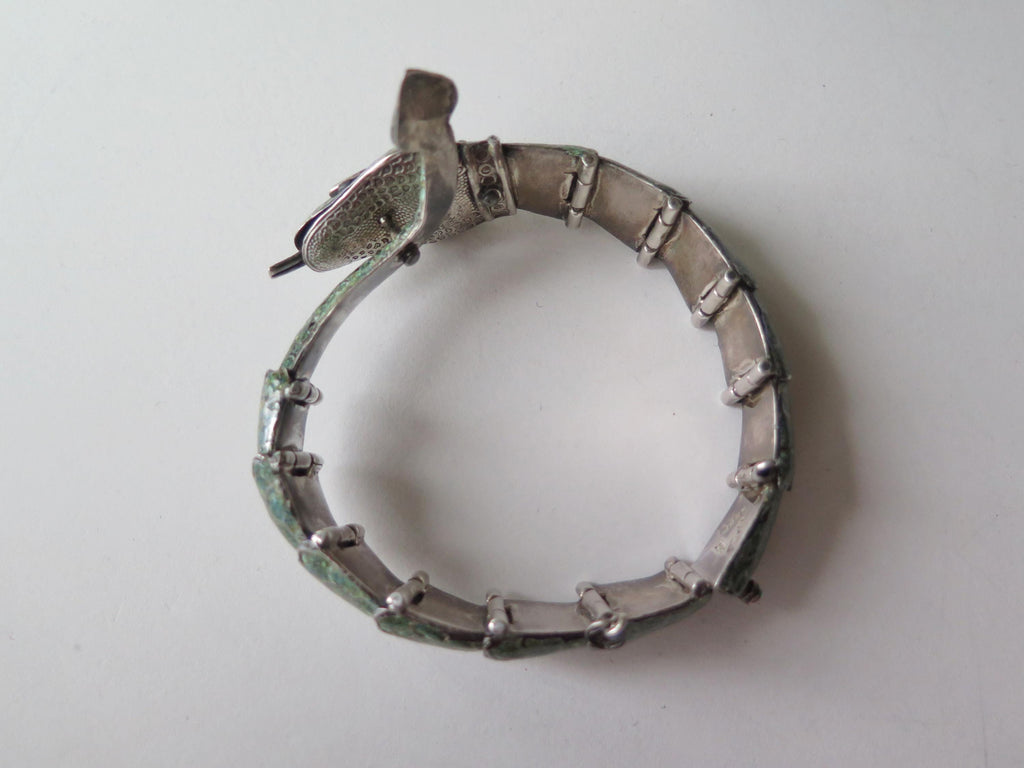 Attributed to Margot de Taxco, Vintage Taxco Snake Bracelet in 835 Silver and Enamel