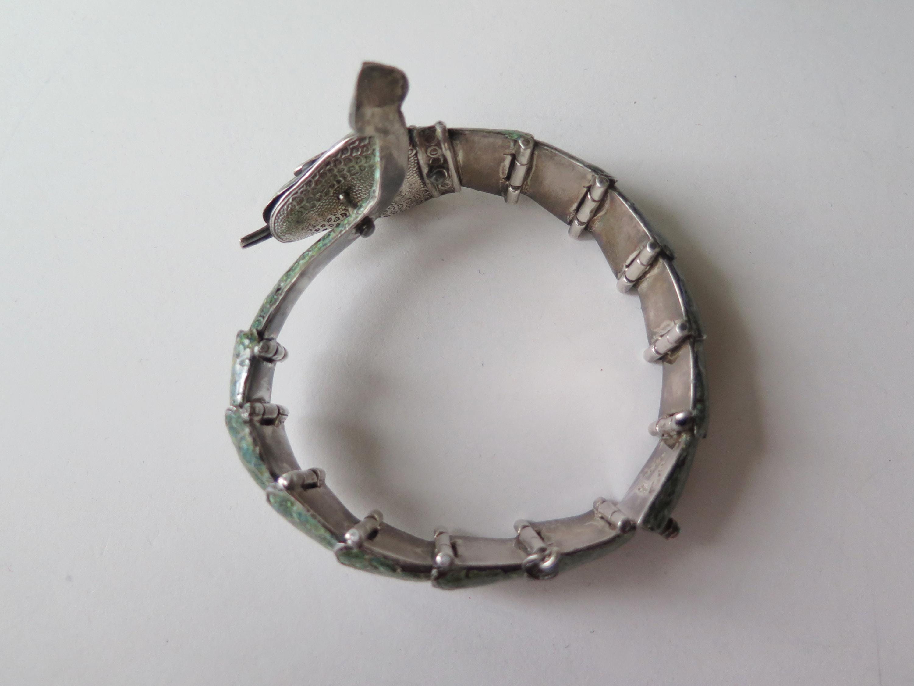 Attributed to Margot de Taxco, Vintage Taxco Snake Bracelet in 835 Silver and Enamel
