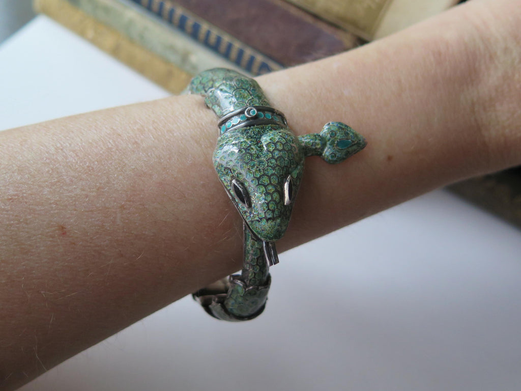 Attributed to Margot de Taxco, Vintage Taxco Snake Bracelet in 835 Silver and Enamel