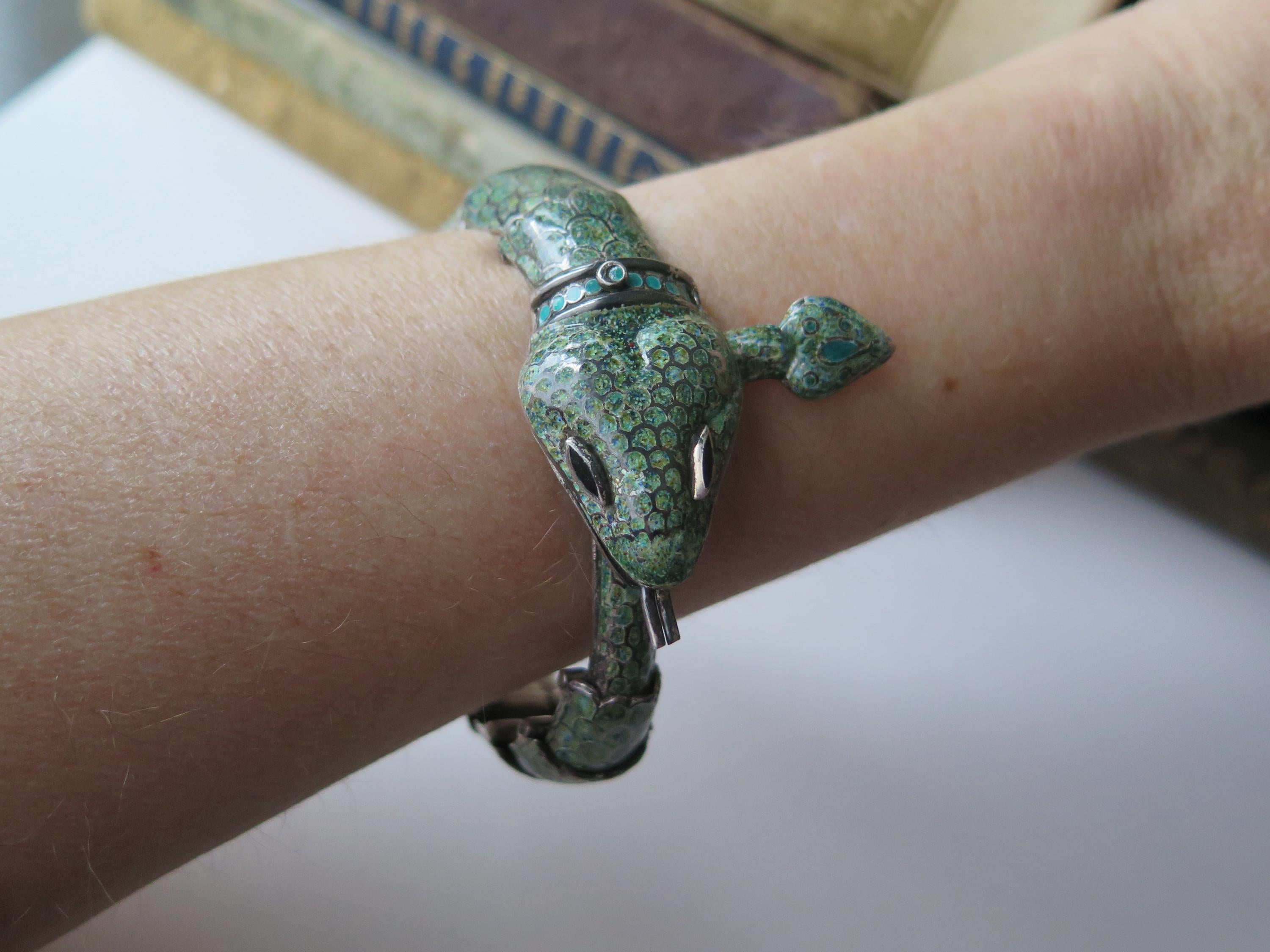 Attributed to Margot de Taxco, Vintage Taxco Snake Bracelet in 835 Silver and Enamel