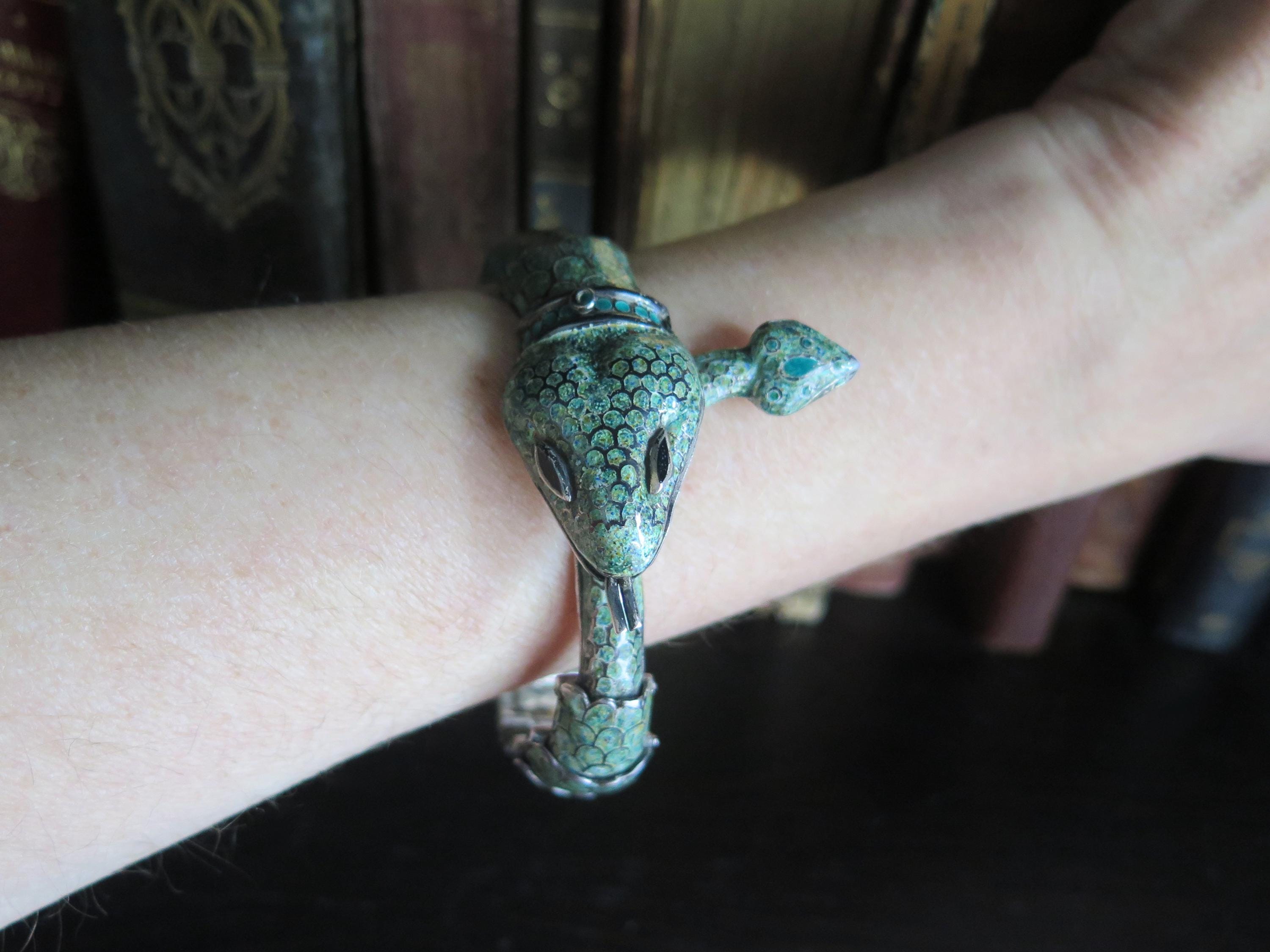 Attributed to Margot de Taxco, Vintage Taxco Snake Bracelet in 835 Silver and Enamel