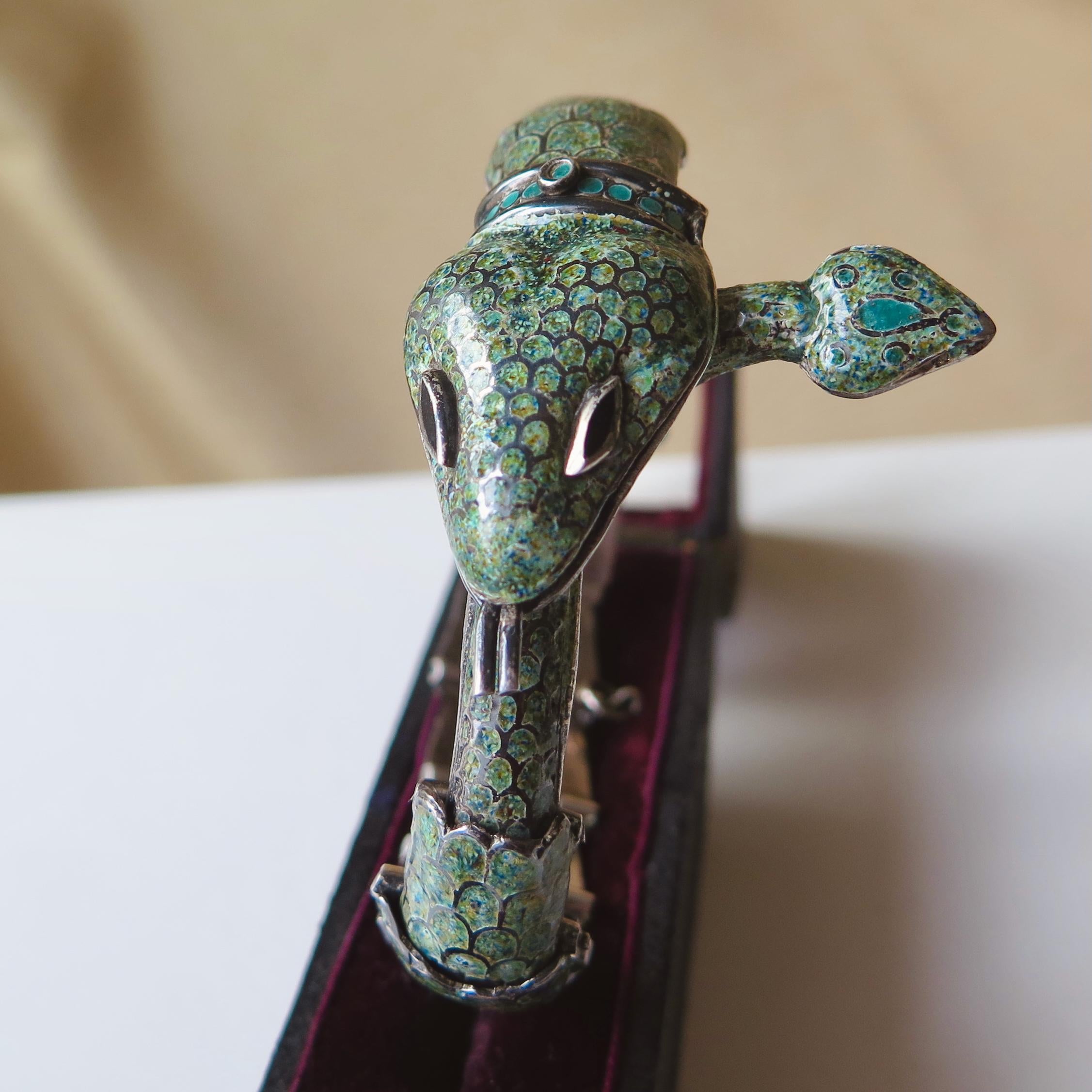 Attributed to Margot de Taxco, Vintage Taxco Snake Bracelet in 835 Silver and Enamel