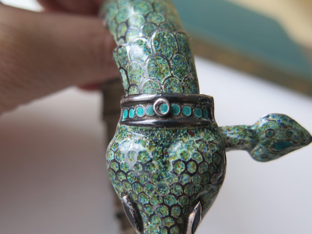 Attributed to Margot de Taxco, Vintage Taxco Snake Bracelet in 835 Silver and Enamel