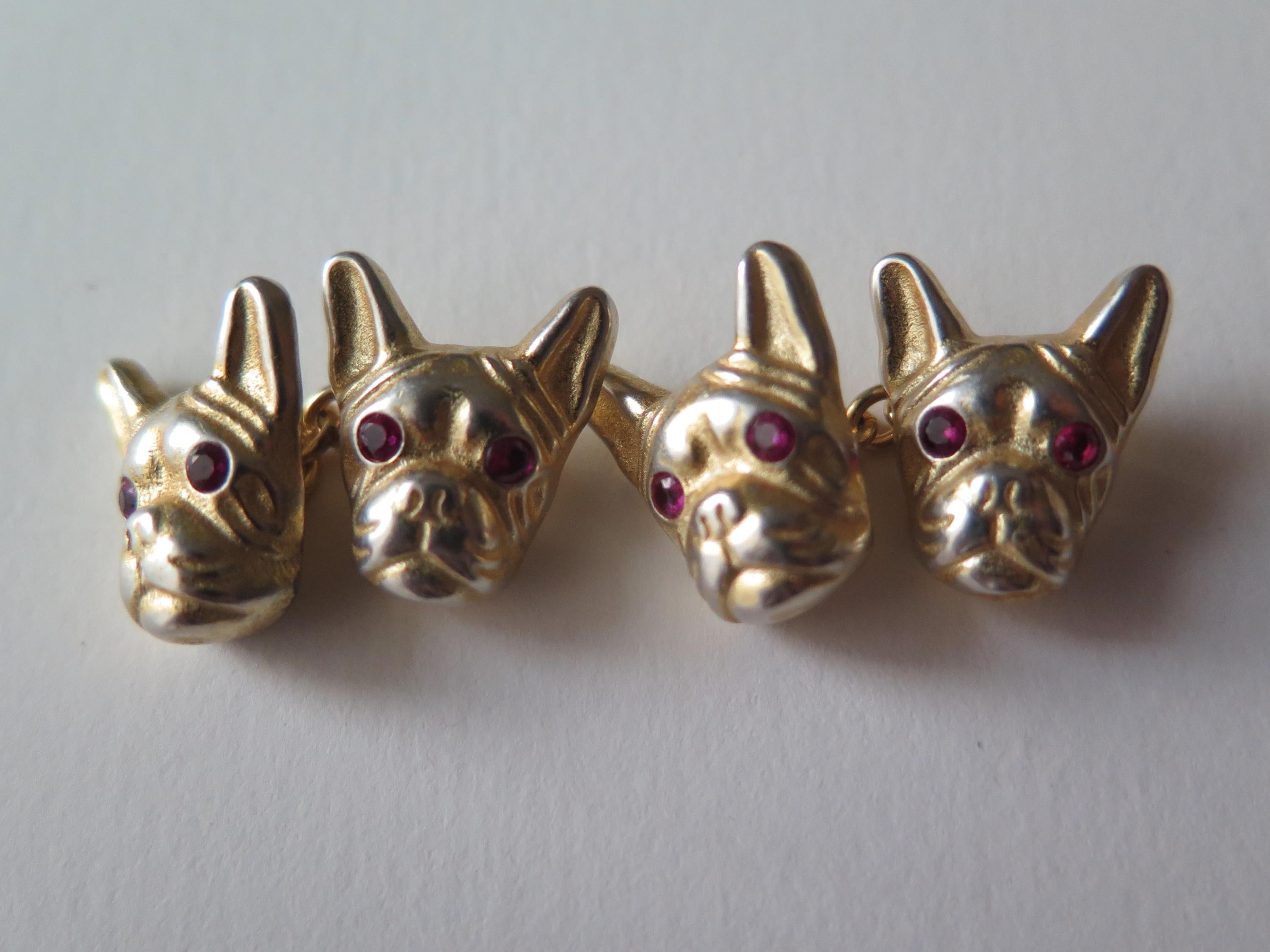 Antique French Bulldog Cufflinks Vermeil and Red Stones Eyes