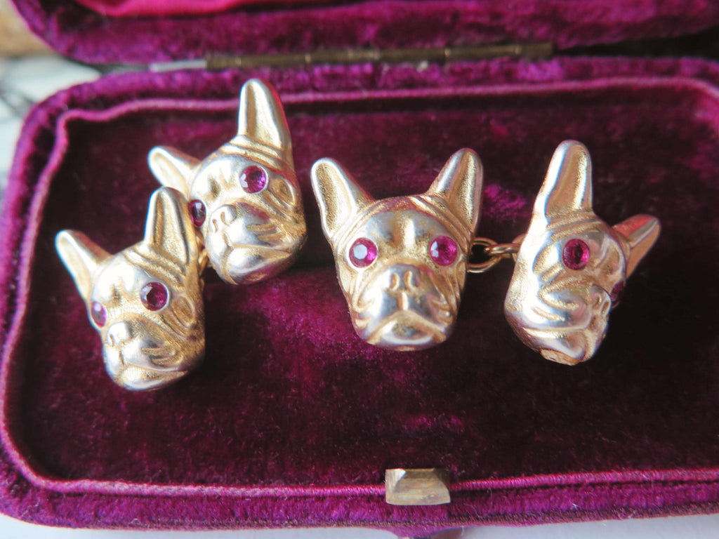 Antique French Bulldog Cufflinks Vermeil and Red Stones Eyes