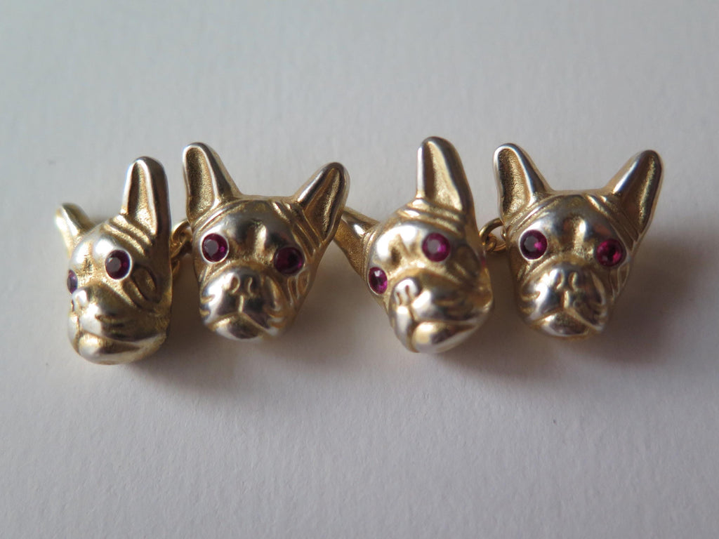 Antique French Bulldog Cufflinks Vermeil and Red Stones Eyes