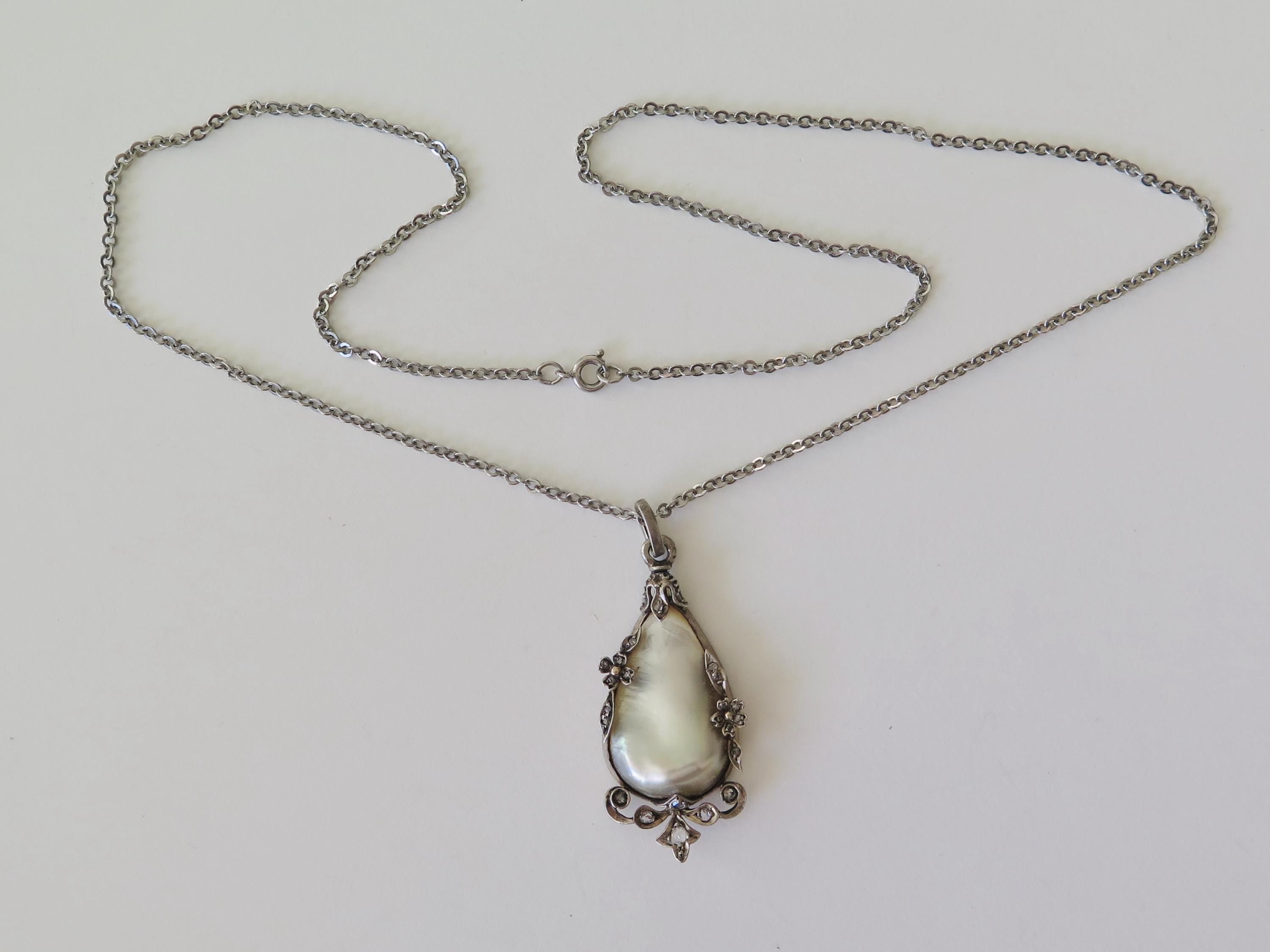 Antique Belle Époque Mother of Pearl Necklace – Rose Cut Diamond Silver Pendant
