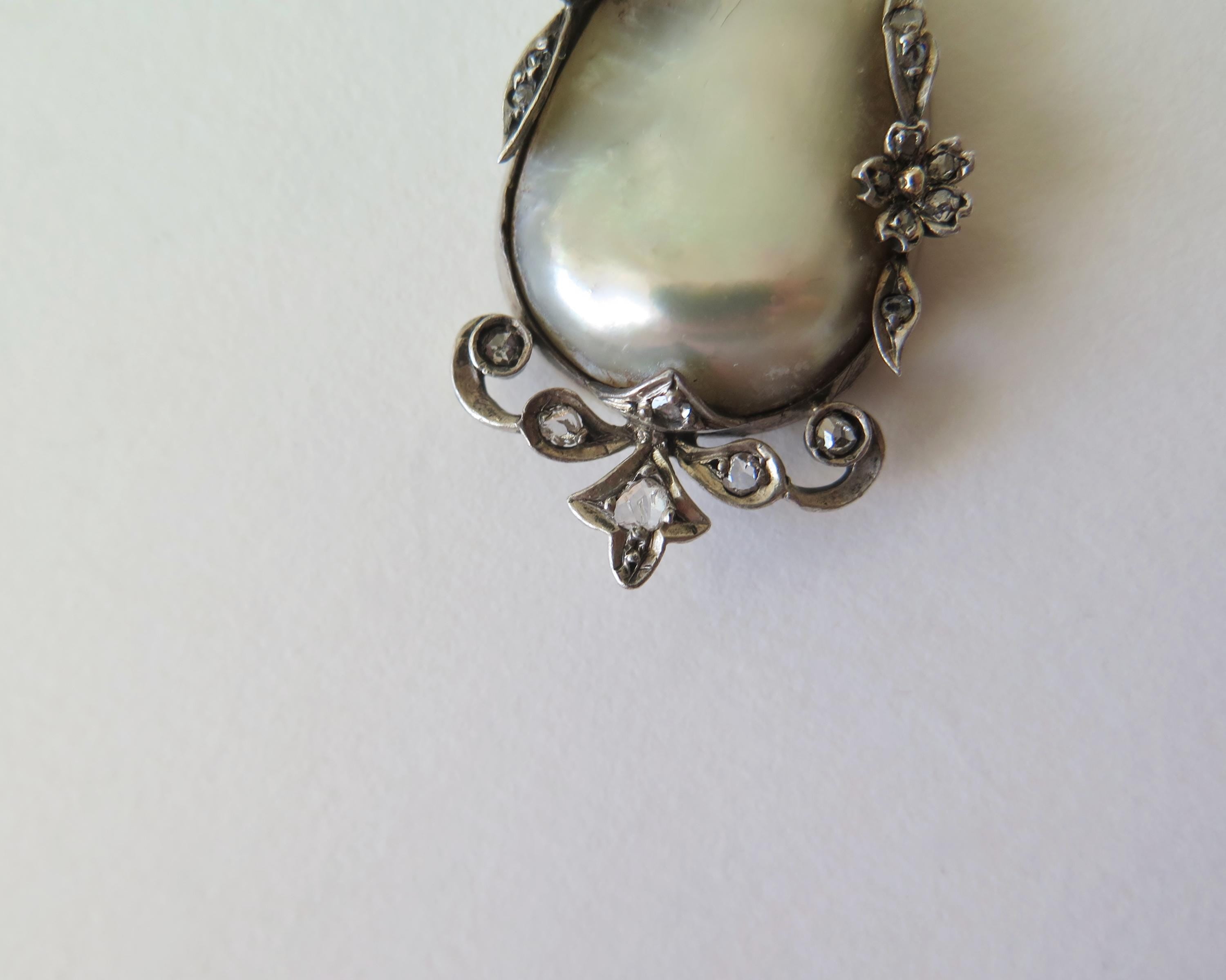 Antique Belle Époque Mother of Pearl Necklace – Rose Cut Diamond Silver Pendant