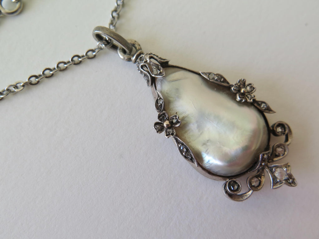 Antique Belle Époque Mother of Pearl Necklace – Rose Cut Diamond Silver Pendant
