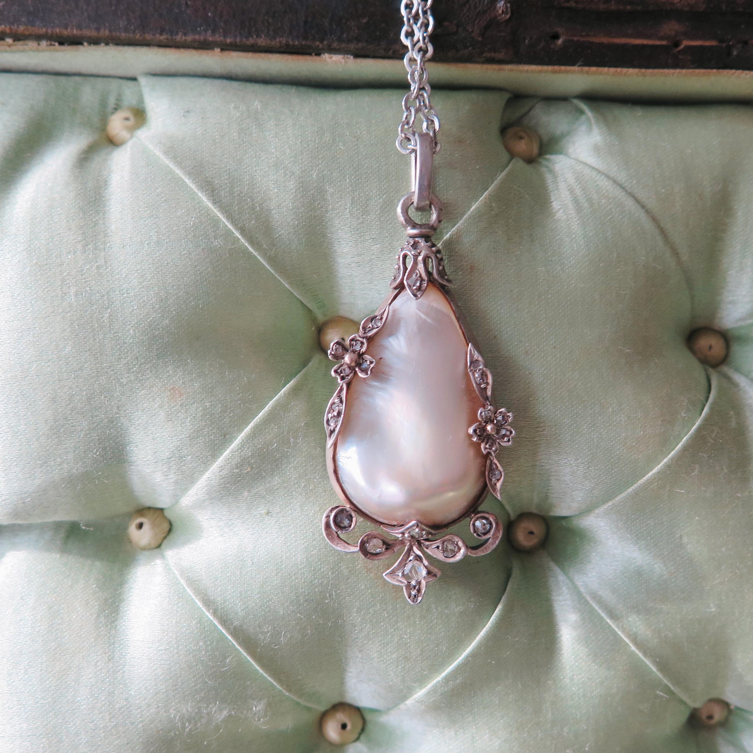 Antique Belle Époque Mother of Pearl Necklace – Rose Cut Diamond Silver Pendant