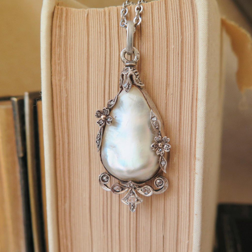 Antique Belle Époque Mother of Pearl Necklace – Rose Cut Diamond Silver Pendant