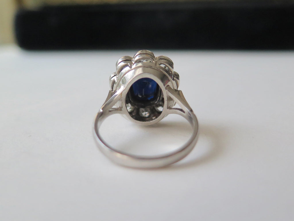 Antique Art Deco Sapphire Old Mine Cut Diamond Cluster Ring, 18k Gold, ca. 1930