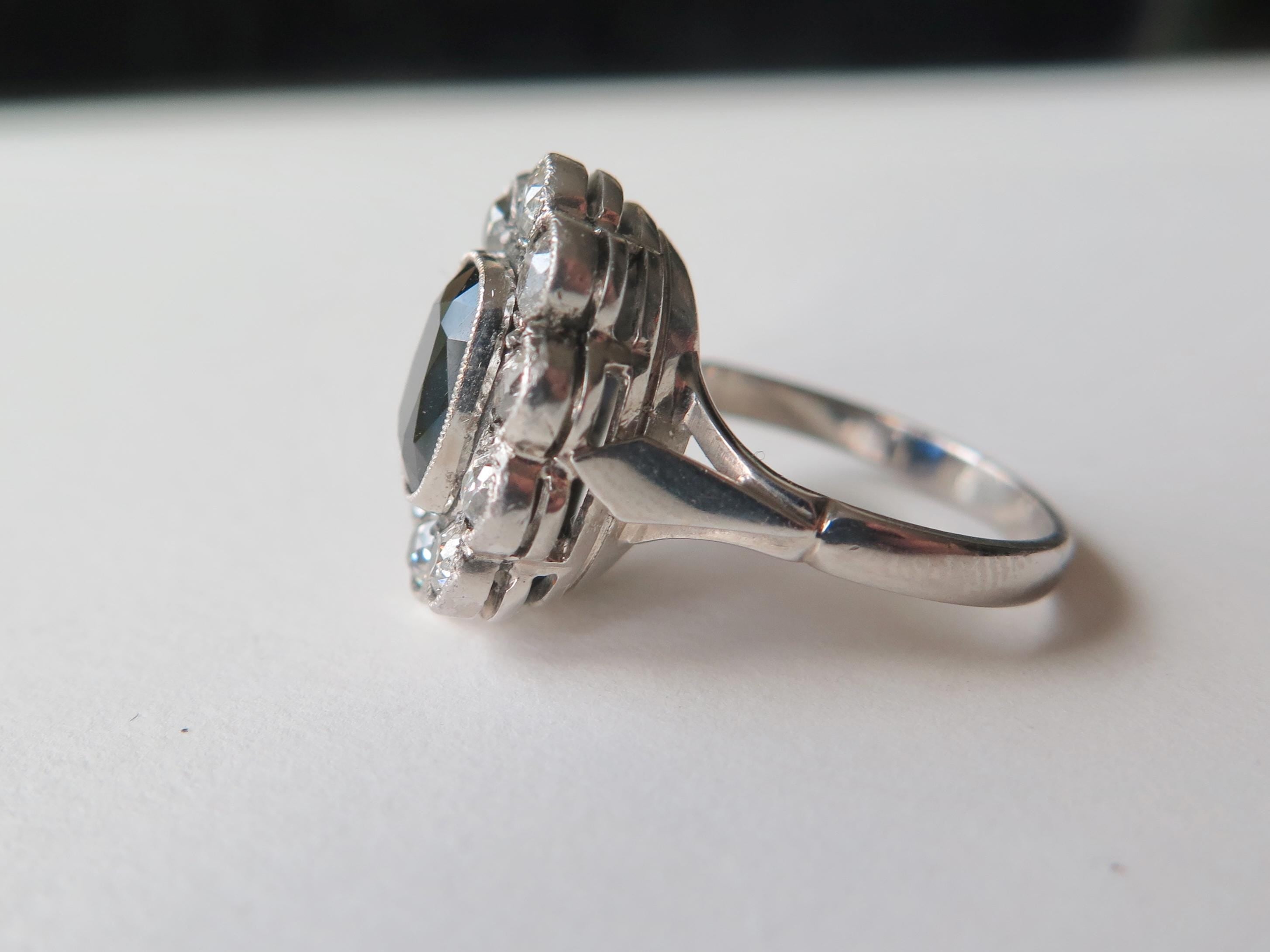 Antique Art Deco Sapphire Old Mine Cut Diamond Cluster Ring, 18k Gold, ca. 1930