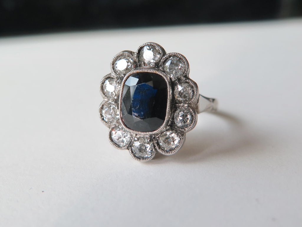 Antique Art Deco Sapphire Old Mine Cut Diamond Cluster Ring, 18k Gold, ca. 1930