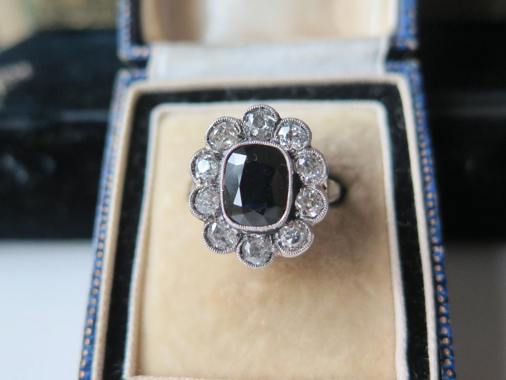 Antique Art Deco Sapphire Old Mine Cut Diamond Cluster Ring, 18k Gold, ca. 1930