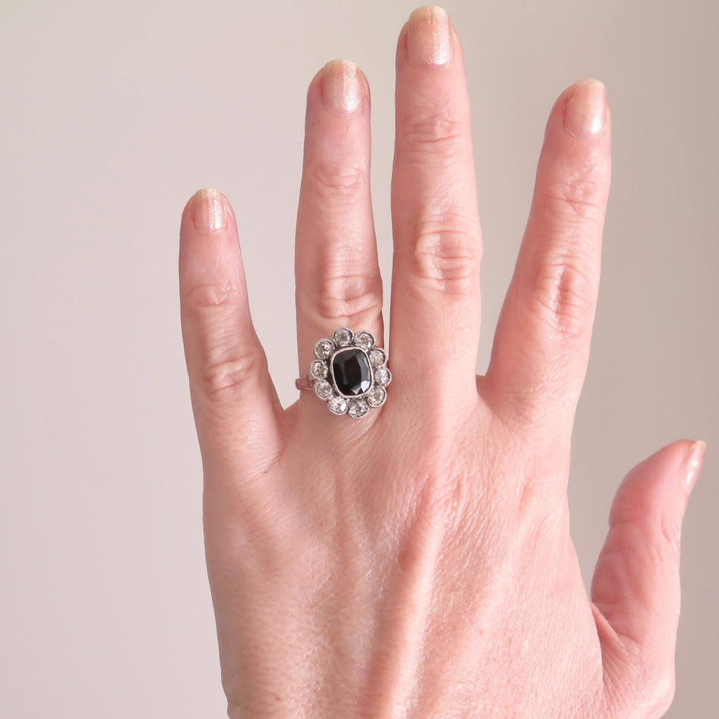 Antique Art Deco Sapphire Old Mine Cut Diamond Cluster Ring, 18k Gold, ca. 1930