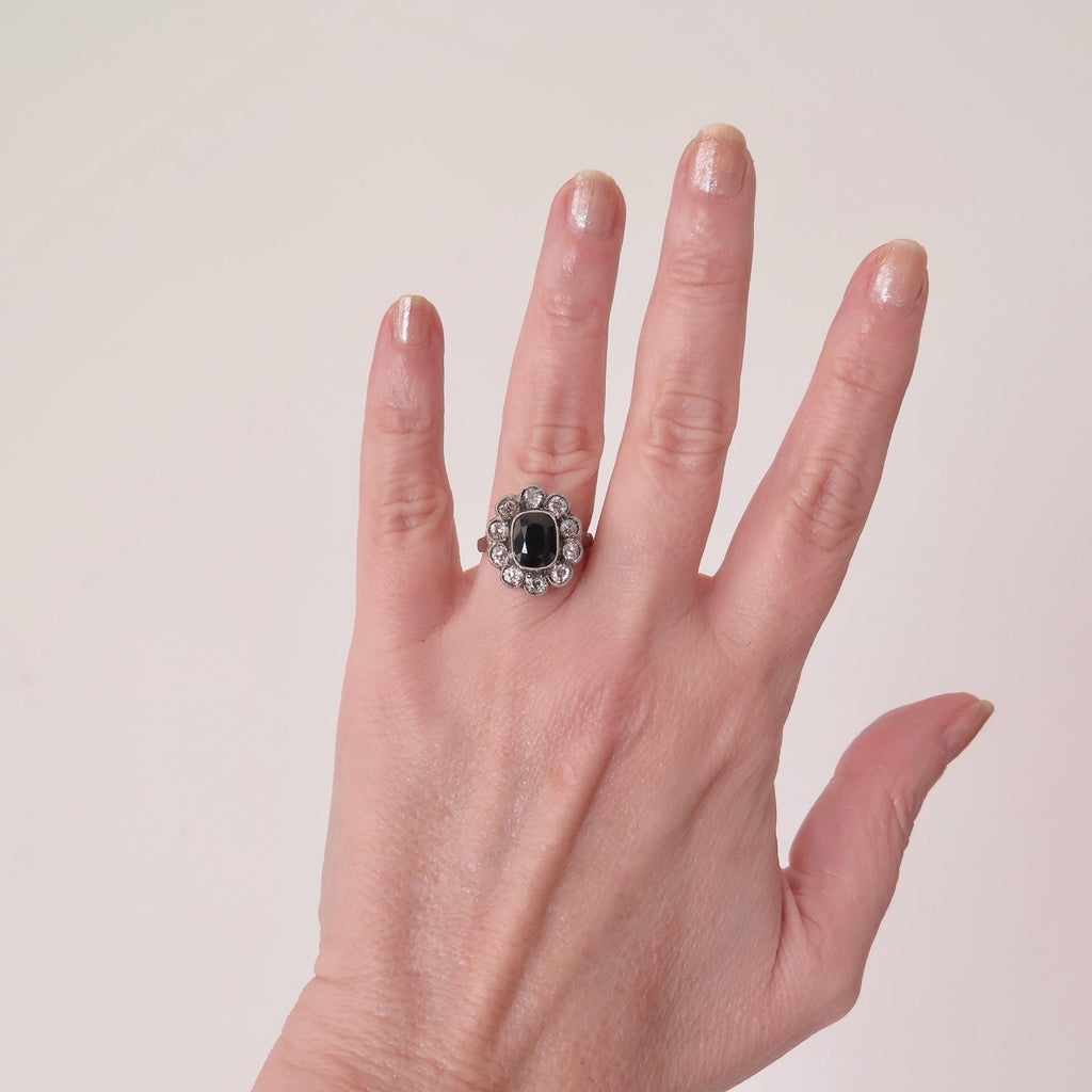 Antique Art Deco Sapphire Old Mine Cut Diamond Cluster Ring, 18k Gold, ca. 1930