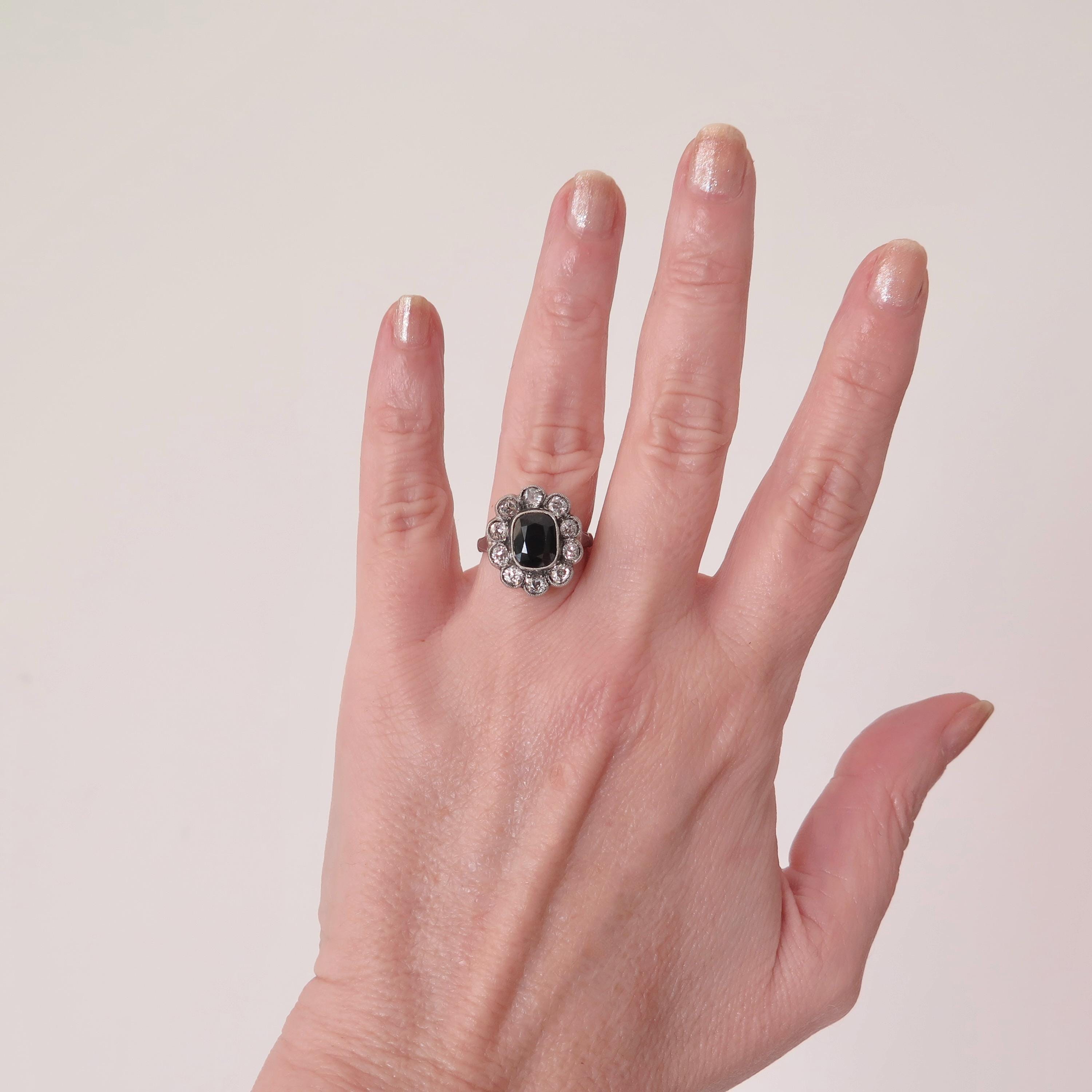 Antique Art Deco Sapphire Old Mine Cut Diamond Cluster Ring, 18k Gold, ca. 1930