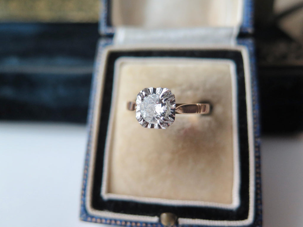 Antique Art Deco Diamond Ring, 18k Gold Illusion Setting, French Engagement Ring