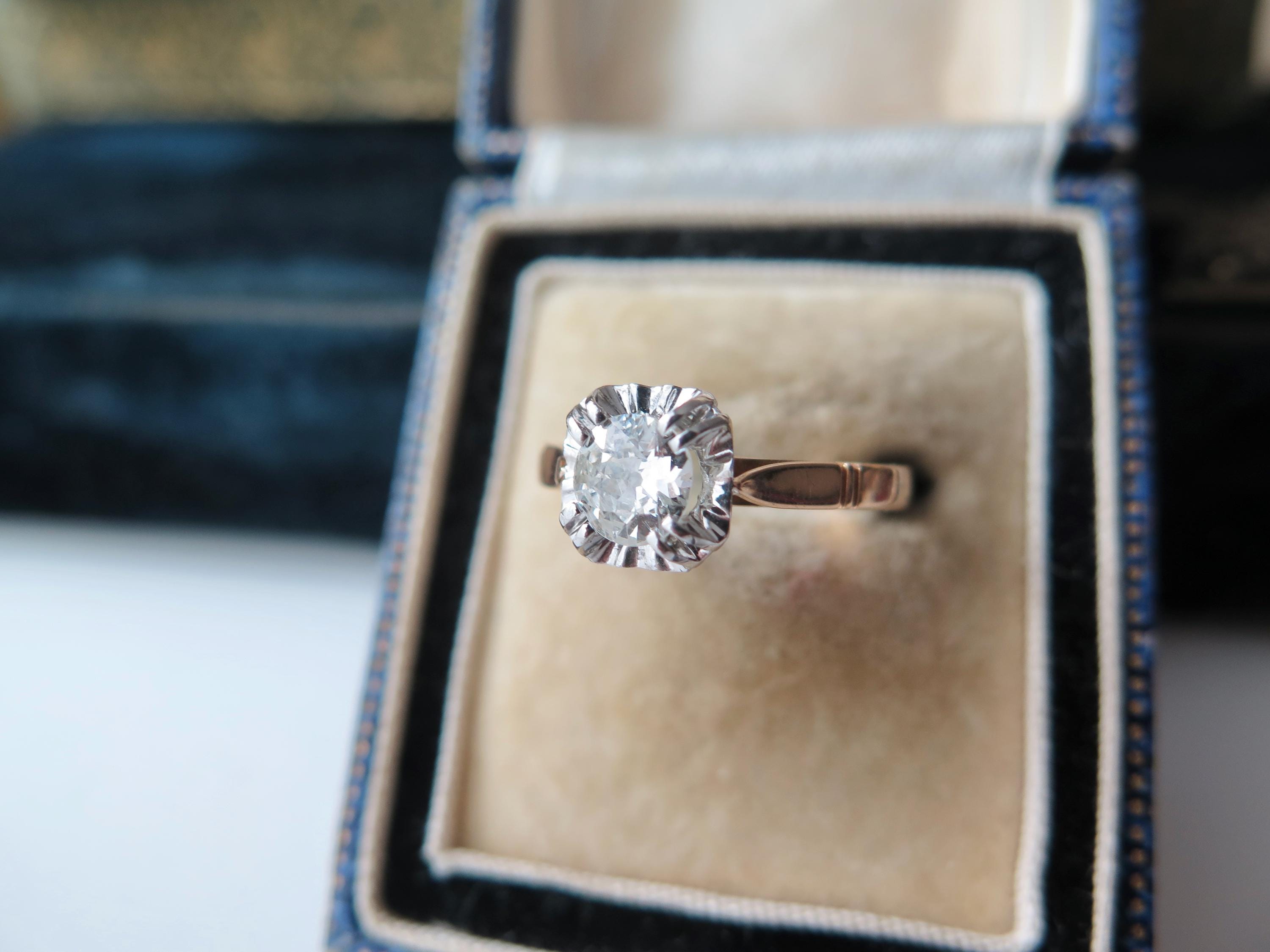 Antique Art Deco Diamond Ring, 18k Gold Illusion Setting, French Engagement Ring
