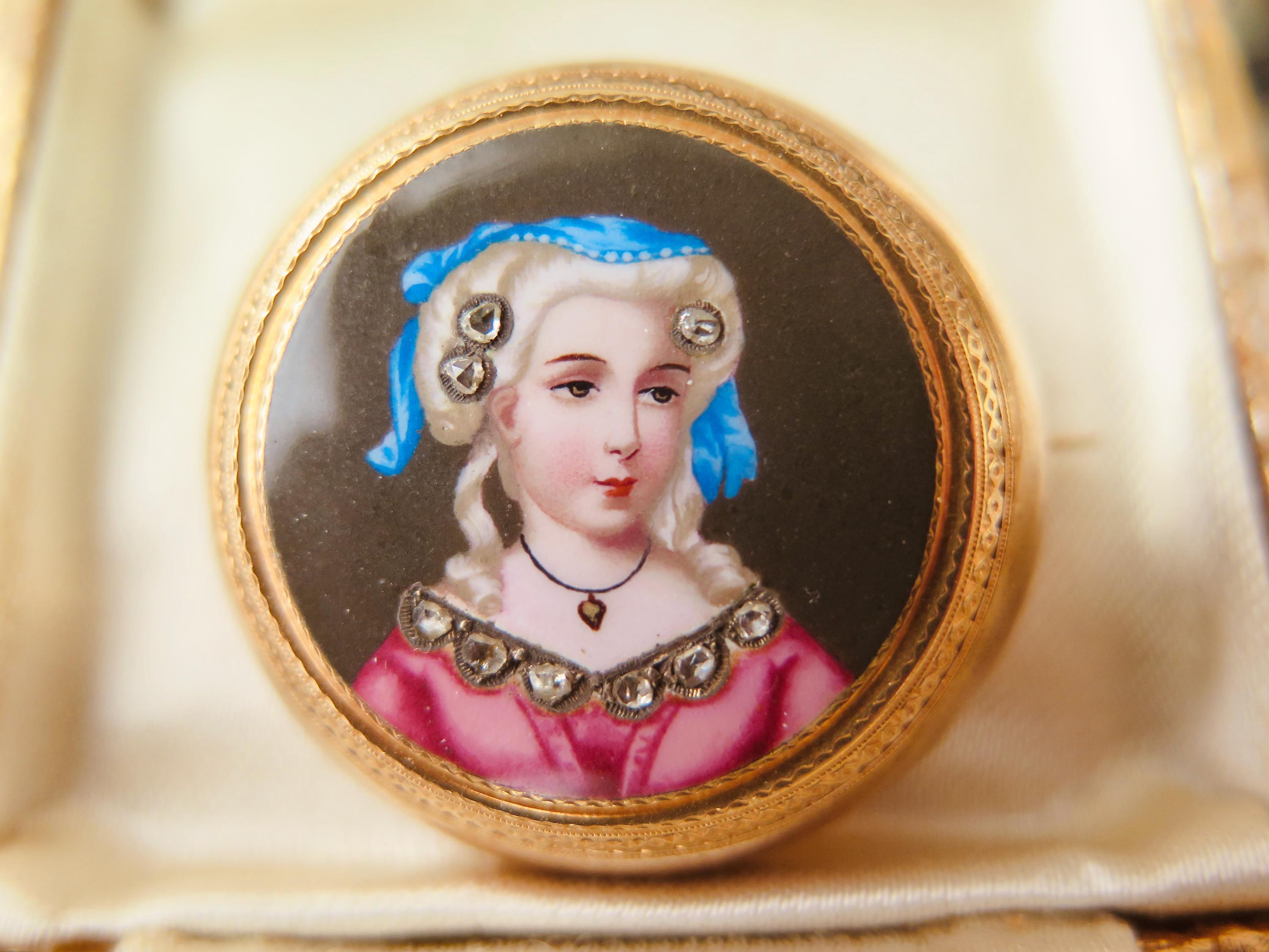 Antique 18k Gold Enamel Miniature Brooch with Rose Cut Diamonds