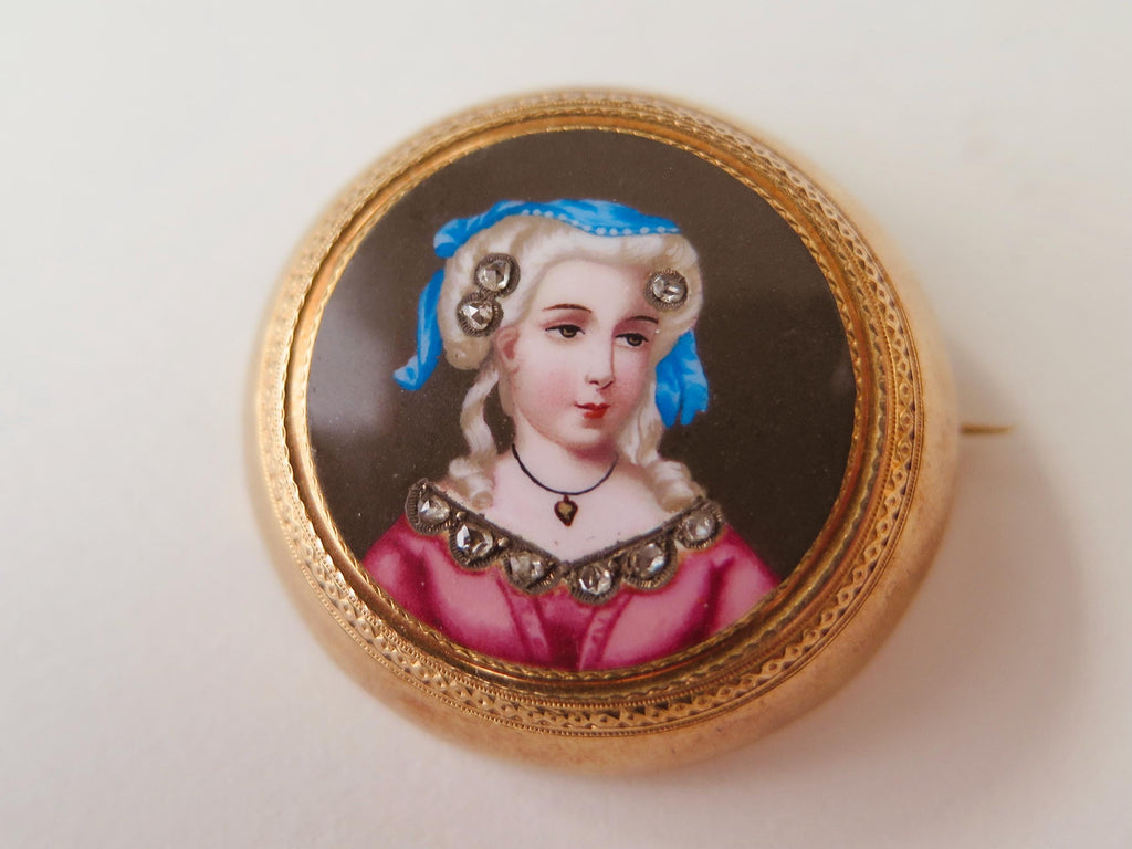 Antique 18k Gold Enamel Miniature Brooch with Rose Cut Diamonds