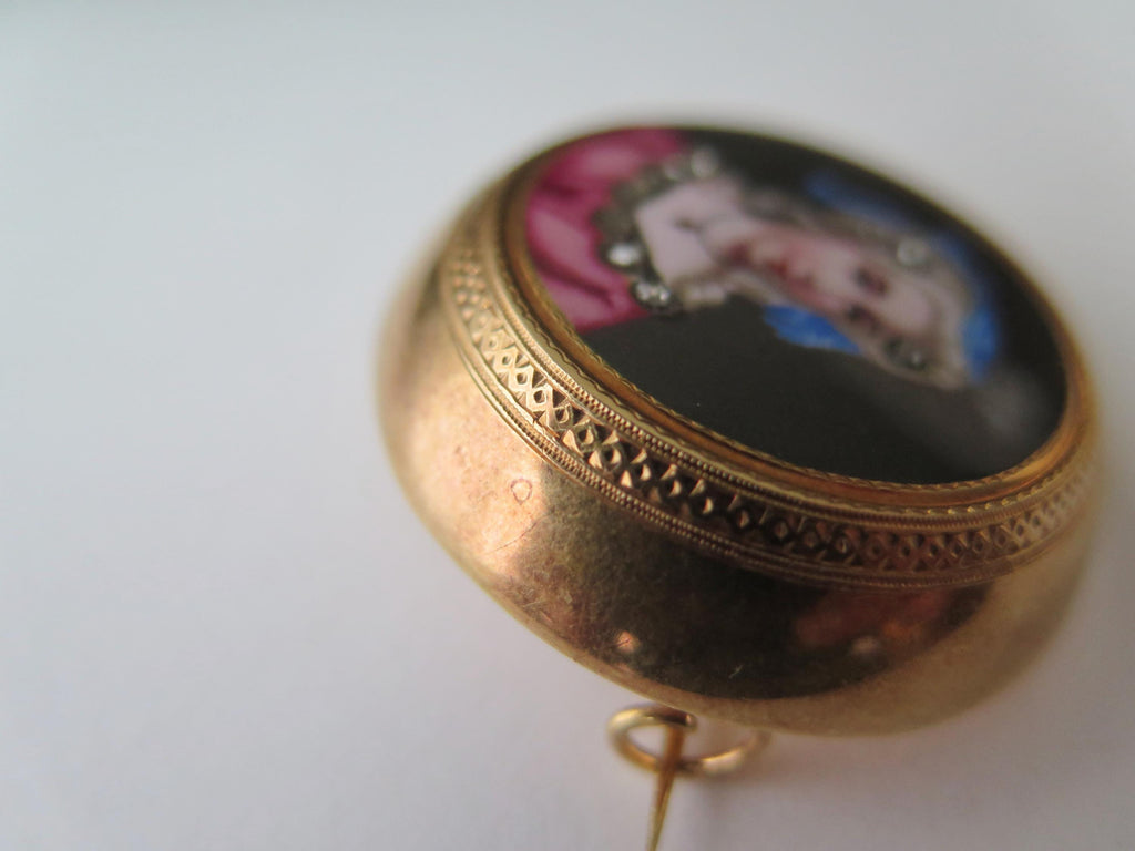 Antique 18k Gold Enamel Miniature Brooch with Rose Cut Diamonds