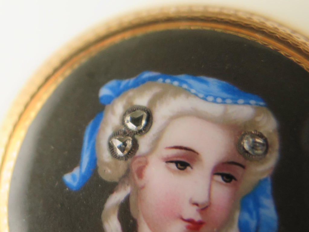 Antique 18k Gold Enamel Miniature Brooch with Rose Cut Diamonds