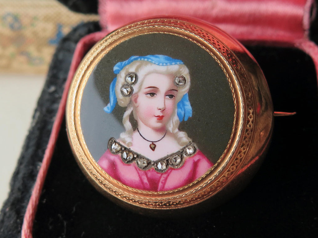 Antique 18k Gold Enamel Miniature Brooch with Rose Cut Diamonds
