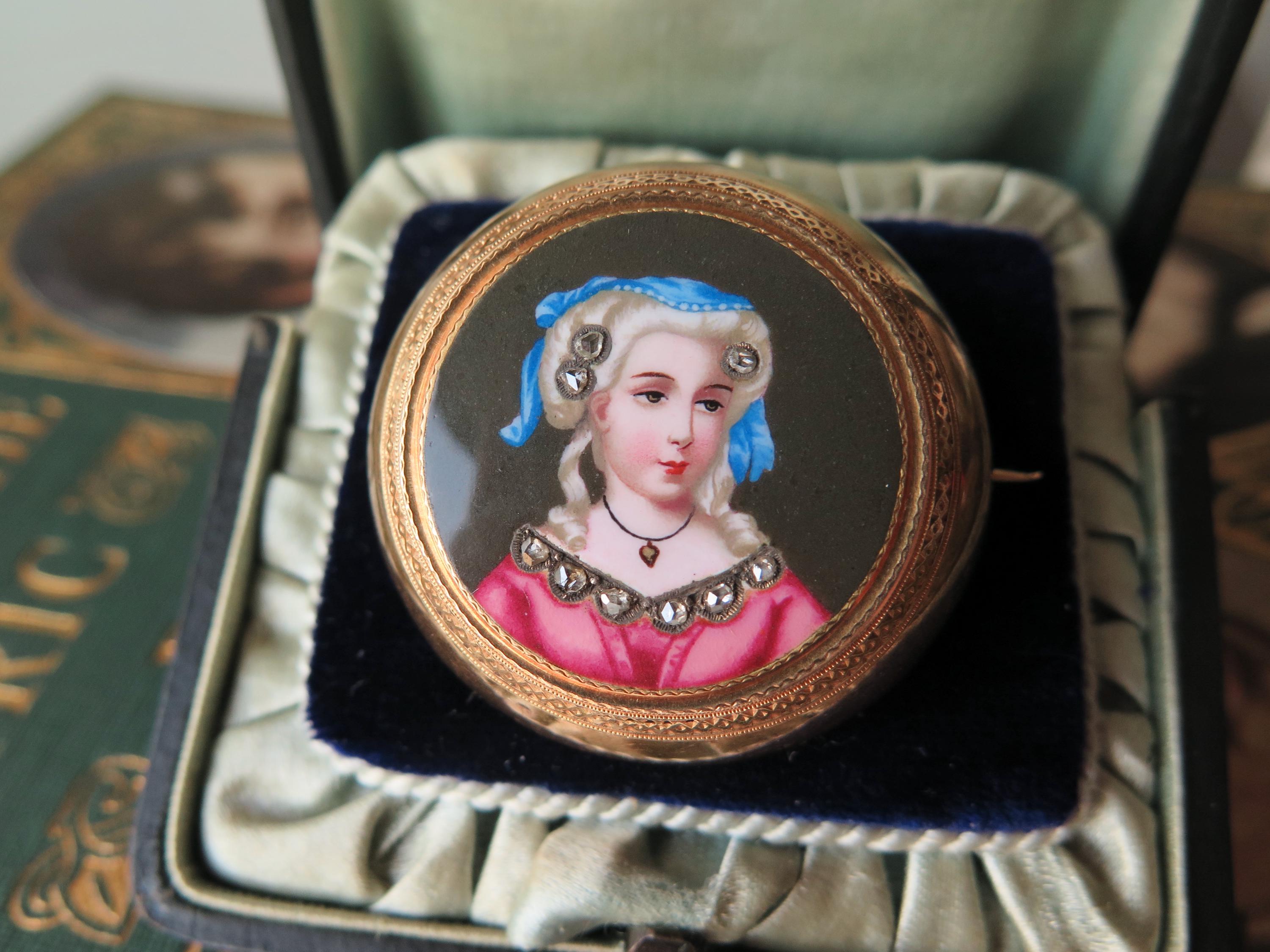 Antique 18k Gold Enamel Miniature Brooch with Rose Cut Diamonds