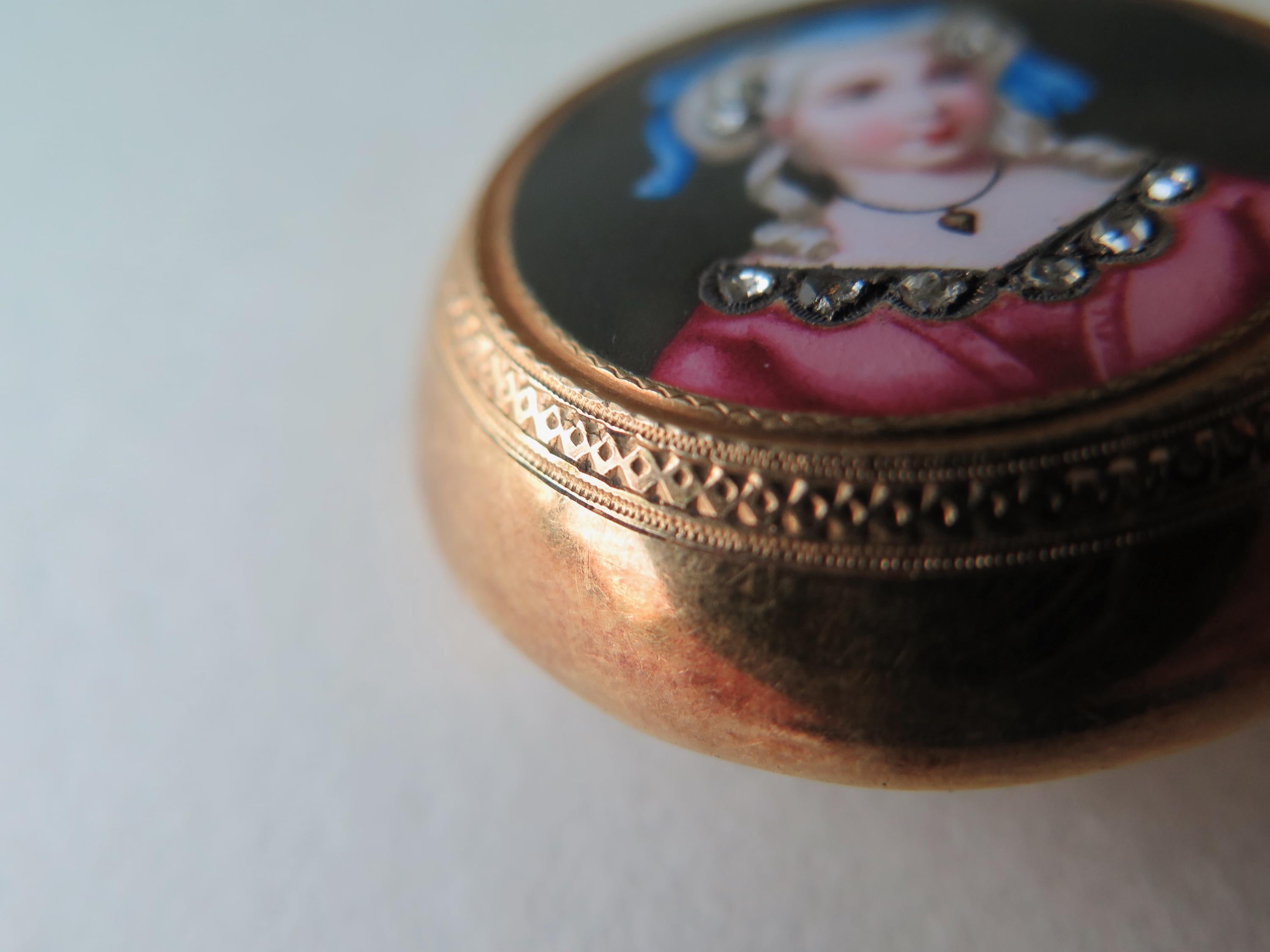 Antique 18k Gold Enamel Miniature Brooch with Rose Cut Diamonds