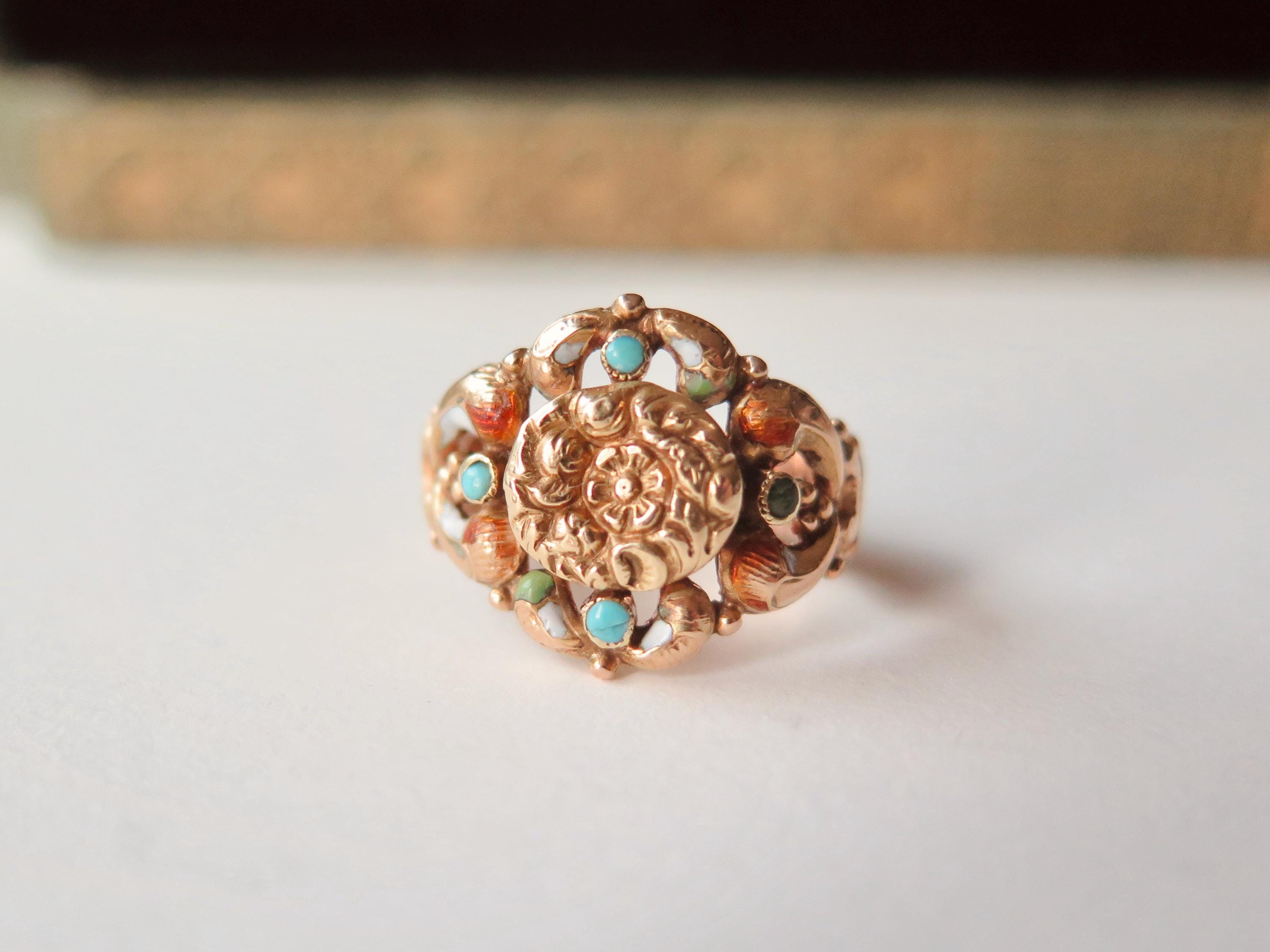 Antique Italian 18k Gold Turquoise Ring, Bourbon Period c.1840 Victorian Ring