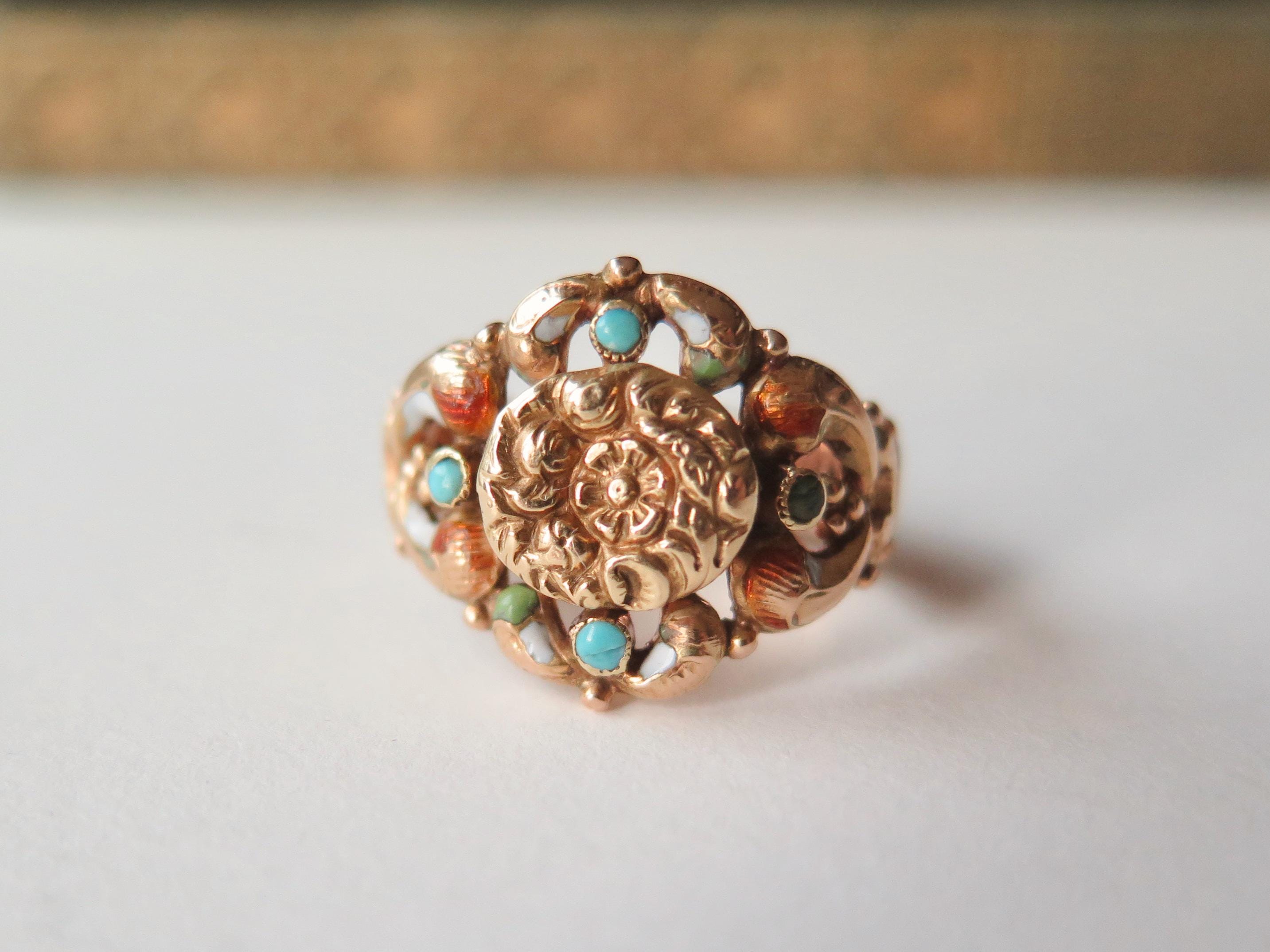 Antique Italian 18k Gold Turquoise Ring, Bourbon Period c.1840 Victorian Ring