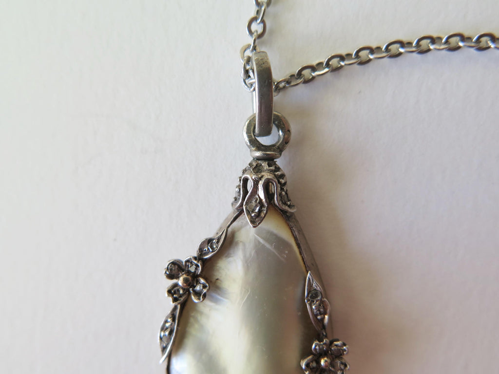 Antique Belle Époque Mother of Pearl Necklace – Rose Cut Diamond Silver Pendant