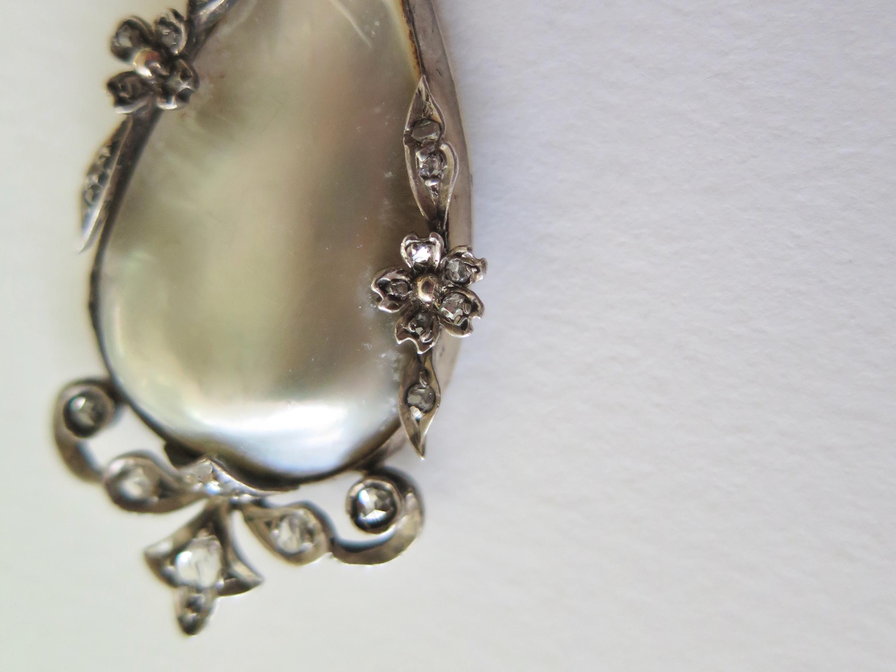 Antique Belle Époque Mother of Pearl Necklace – Rose Cut Diamond Silver Pendant