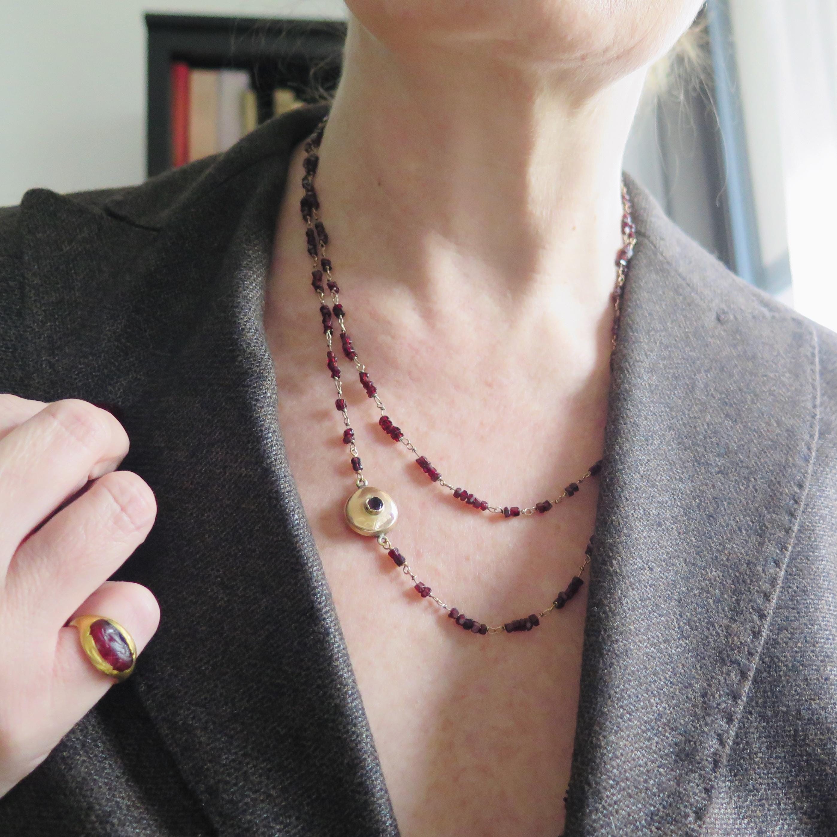 Antique Garnet Necklace 14k Gold Early 1900s Edwardian Garnet Jewelry