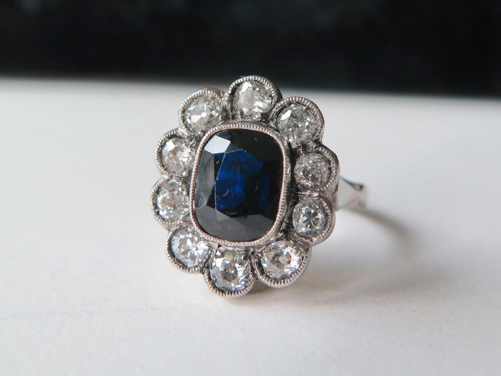 Antique Art Deco Sapphire Old Mine Cut Diamond Cluster Ring, 18k Gold, ca. 1930