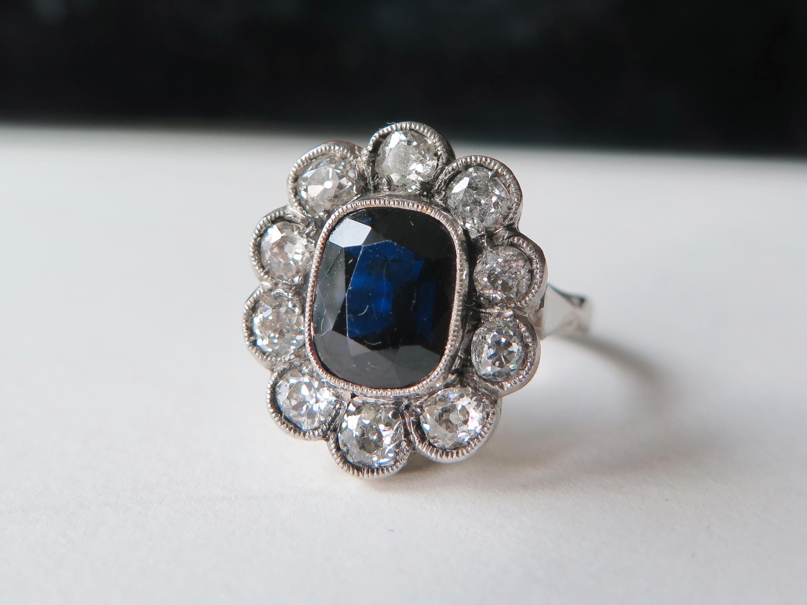 Antique Art Deco Sapphire Old Mine Cut Diamond Cluster Ring, 18k Gold, ca. 1930