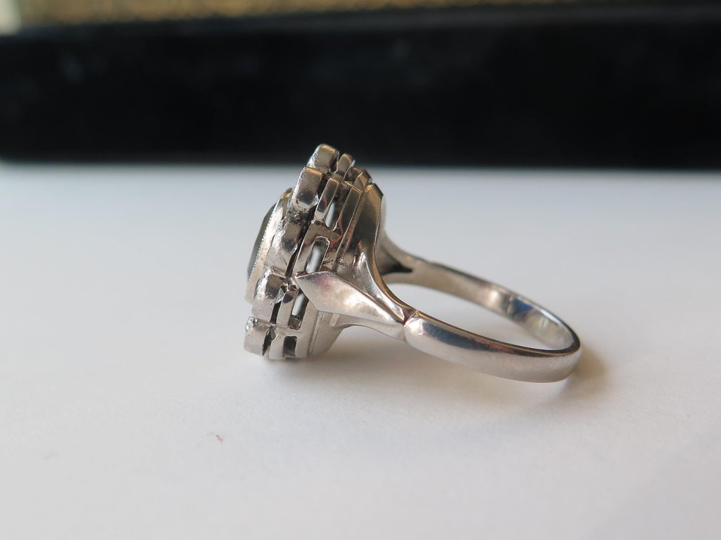 Antique Art Deco Sapphire Old Mine Cut Diamond Cluster Ring, 18k Gold, ca. 1930