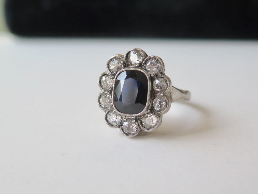 Antique Art Deco Sapphire Old Mine Cut Diamond Cluster Ring, 18k Gold, ca. 1930