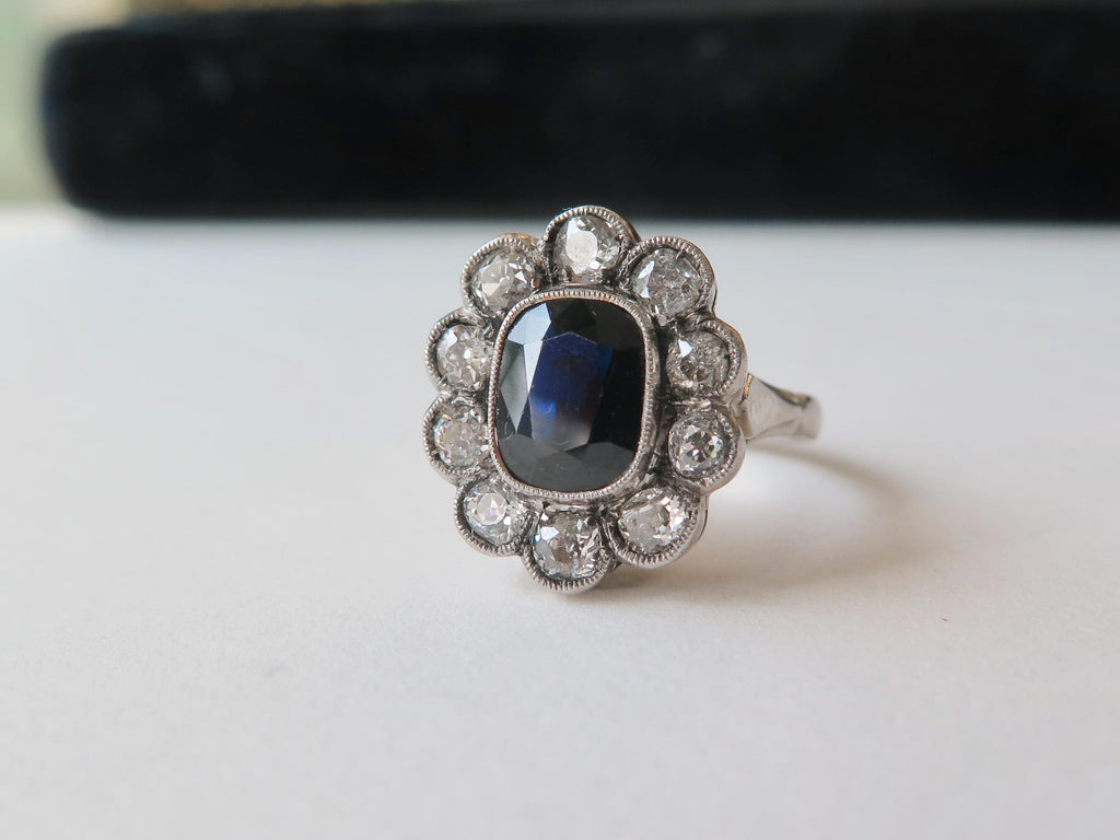 Antique Art Deco Sapphire Old Mine Cut Diamond Cluster Ring, 18k Gold, ca. 1930