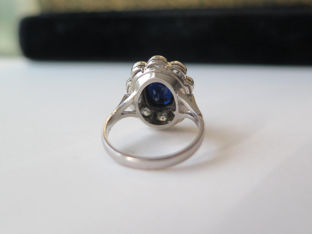 Antique Art Deco Sapphire Old Mine Cut Diamond Cluster Ring, 18k Gold, ca. 1930