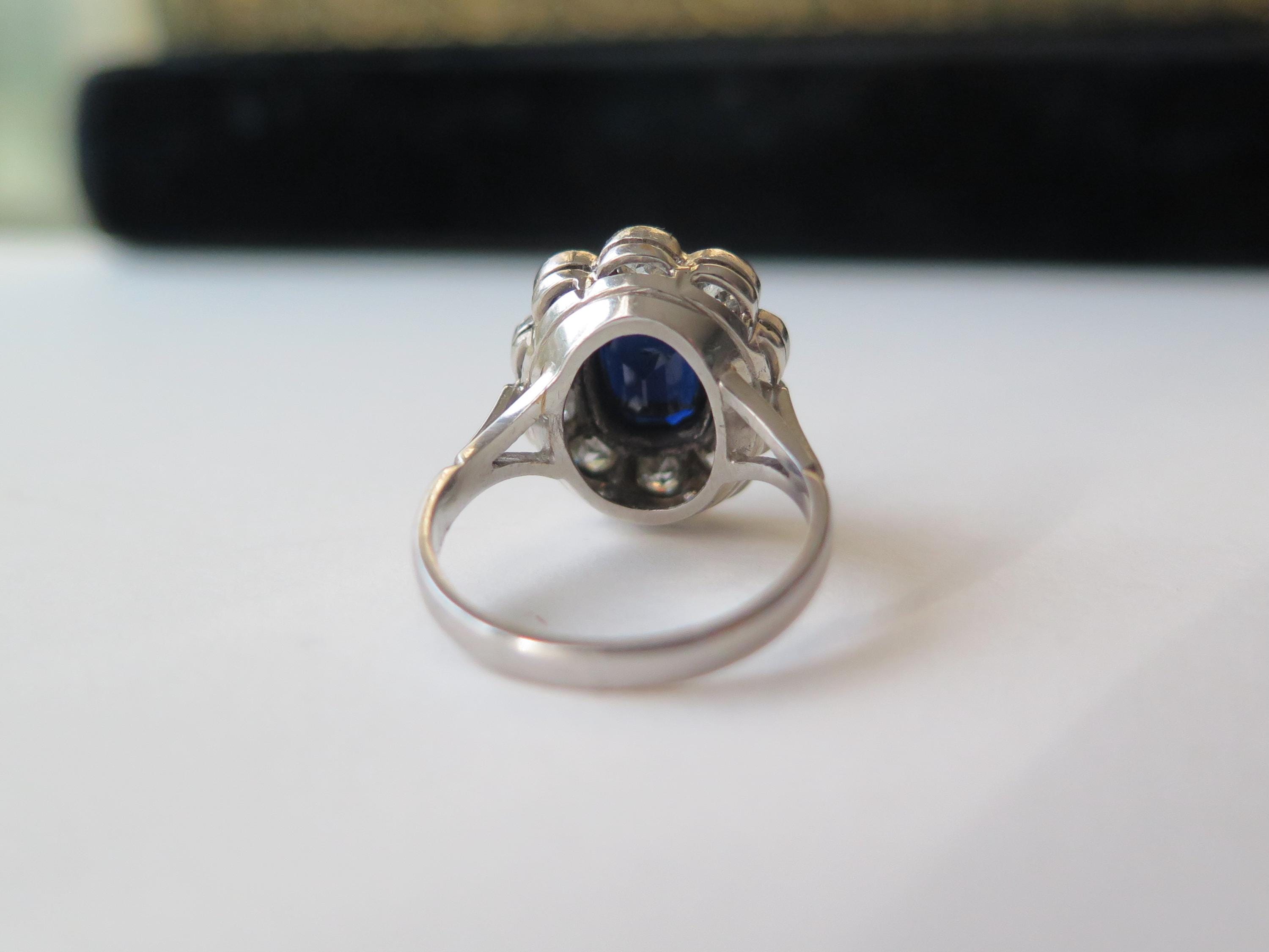 Antique Art Deco Sapphire Old Mine Cut Diamond Cluster Ring, 18k Gold, ca. 1930