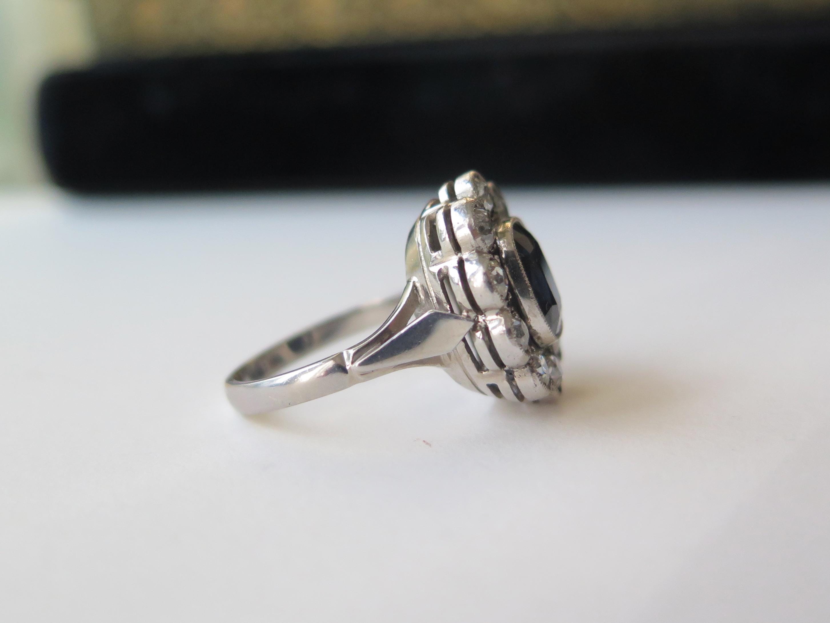 Antique Art Deco Sapphire Old Mine Cut Diamond Cluster Ring, 18k Gold, ca. 1930
