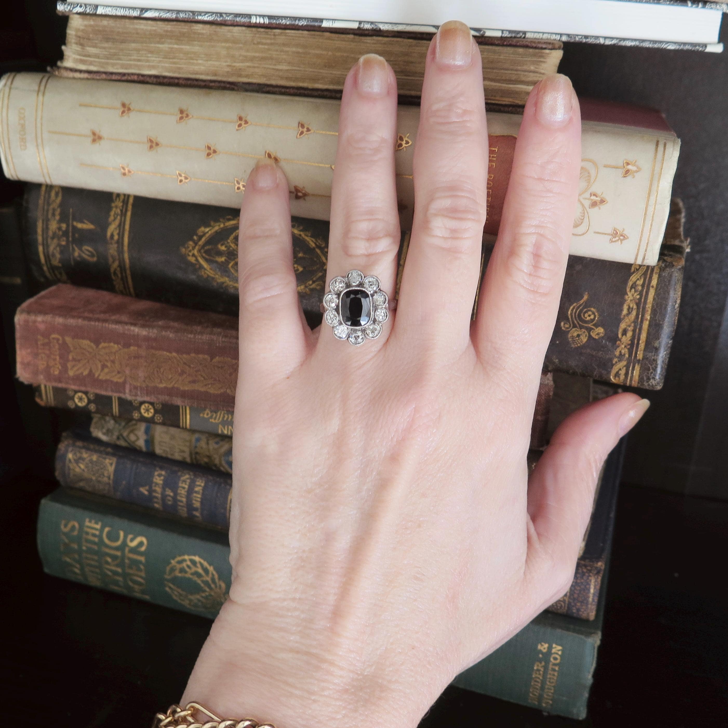 Antique Art Deco Sapphire Old Mine Cut Diamond Cluster Ring, 18k Gold, ca. 1930