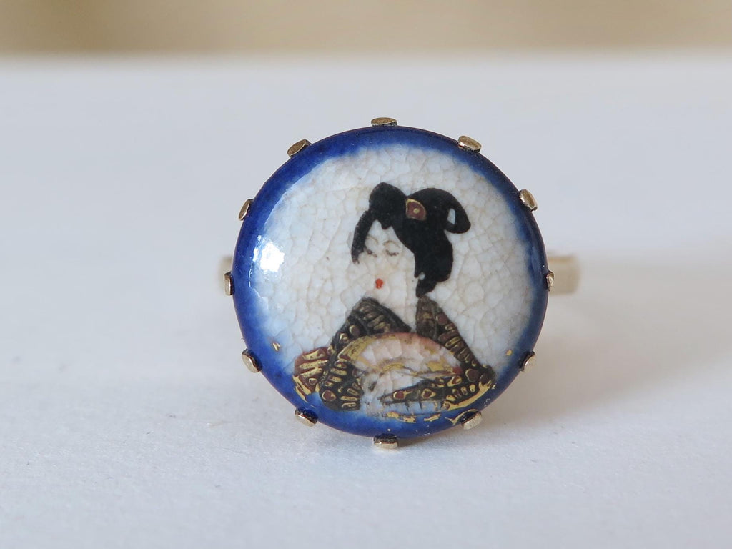 Antique Satsuma Porcelain Ring, 9k Rose Gold Japanese Geisha Miniature, Victorian Meiji Era Ceramic