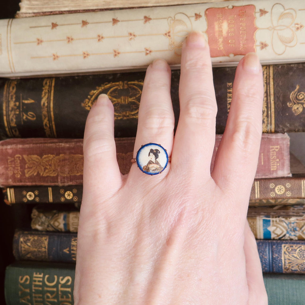 Antique Satsuma Porcelain Ring, 9k Rose Gold Japanese Geisha Miniature, Victorian Meiji Era Ceramic