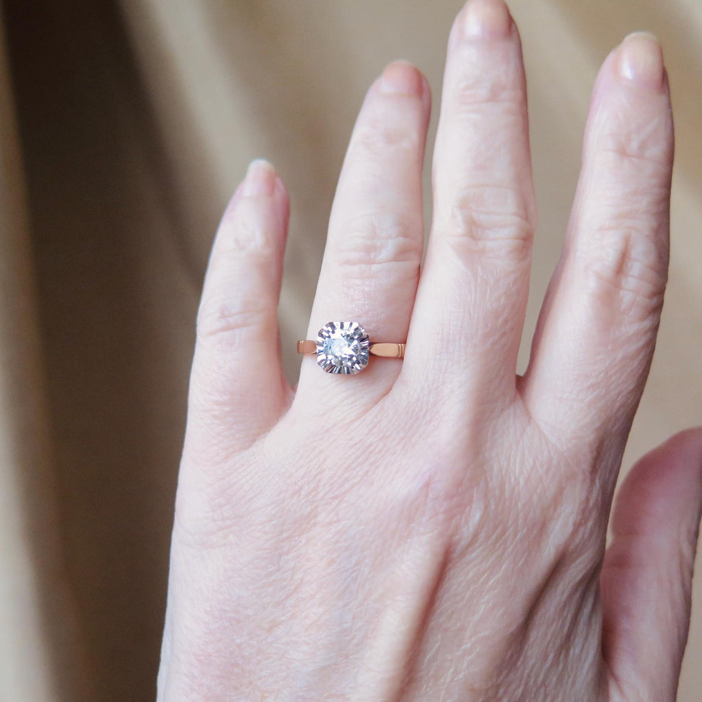 Antique Art Deco Diamond Ring, 18k Gold Illusion Setting, French Engagement Ring