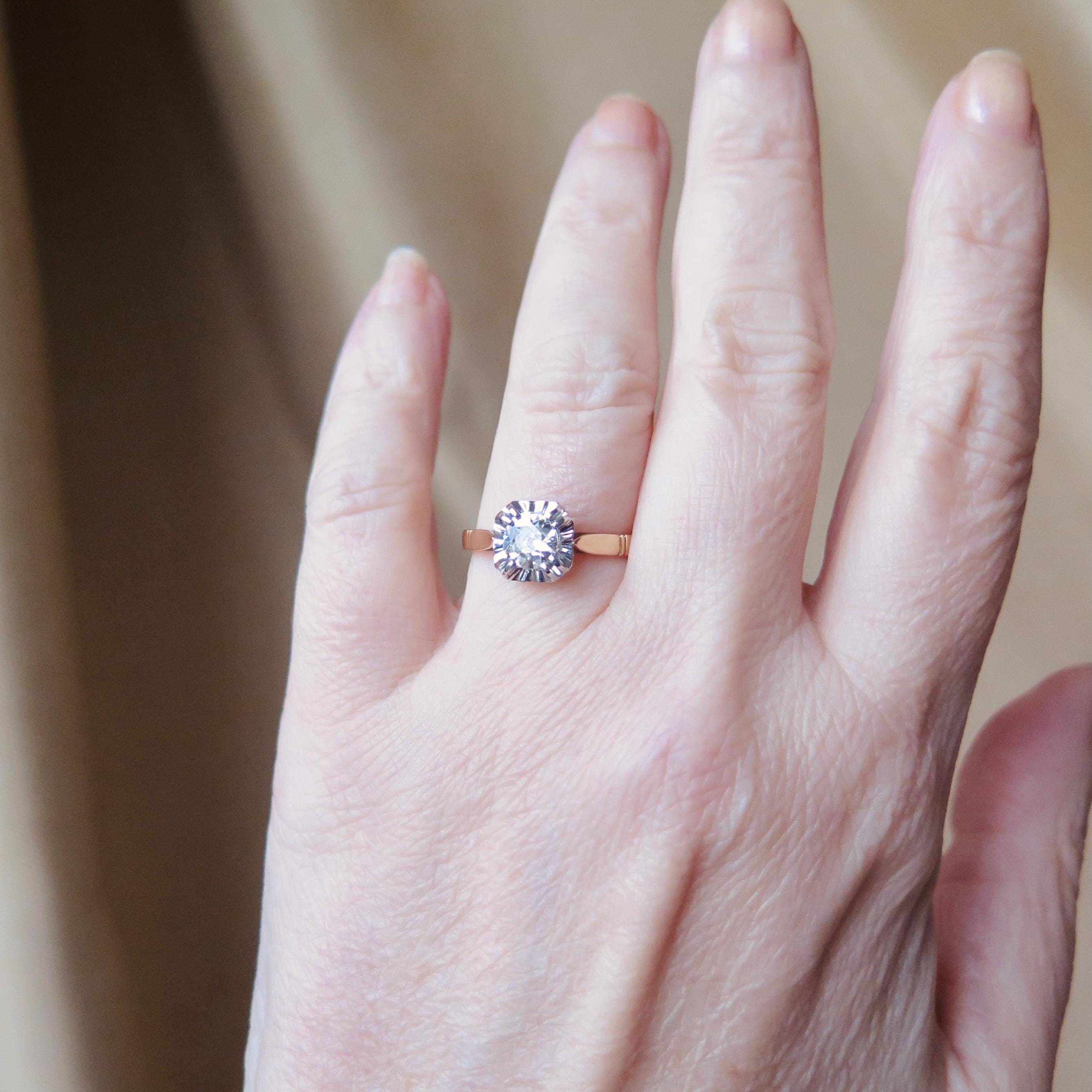 Antique Art Deco Diamond Ring, 18k Gold Illusion Setting, French Engagement Ring
